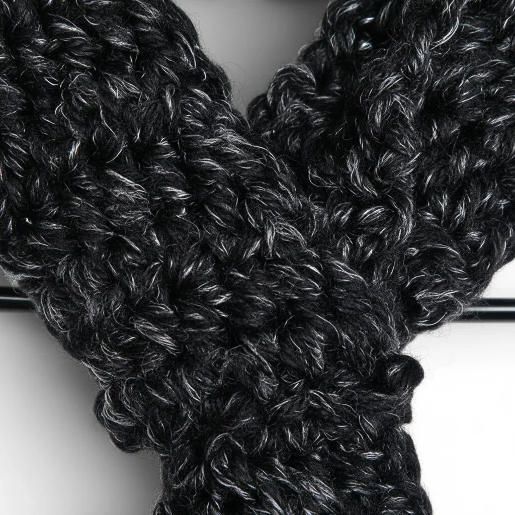 Handmade by Erika Liesel black and white marled crochet keyhole scarf with a soft, textured yarn knit design.