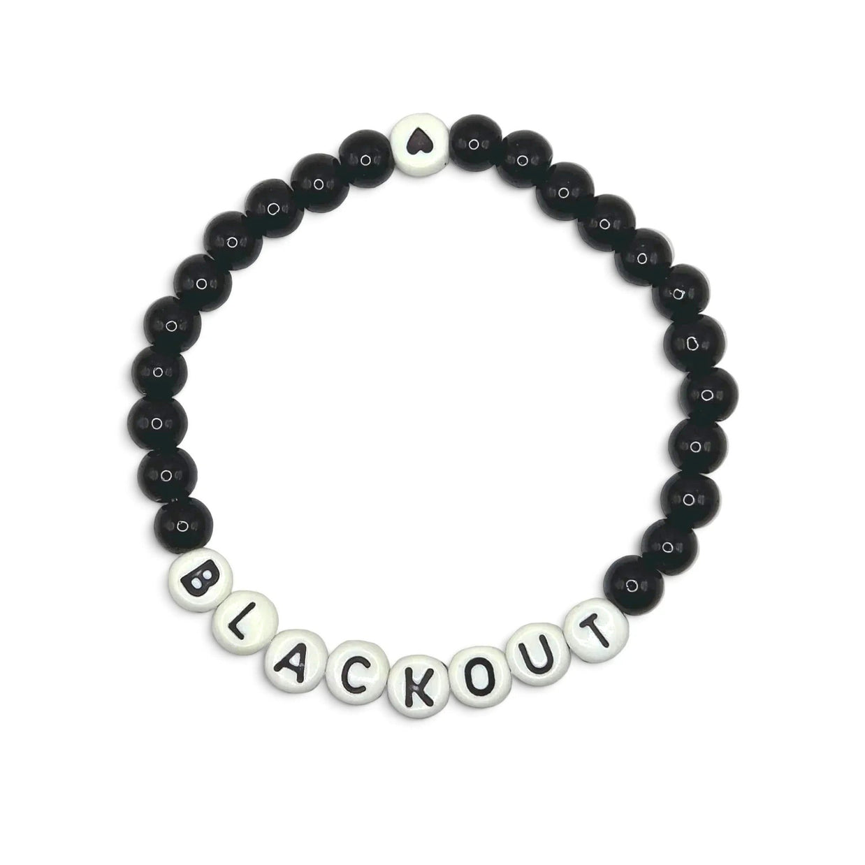Handmade by Erika Liesel Blackout stretch bracelet with 6mm black glass beads and white letter beads on elastic cord.