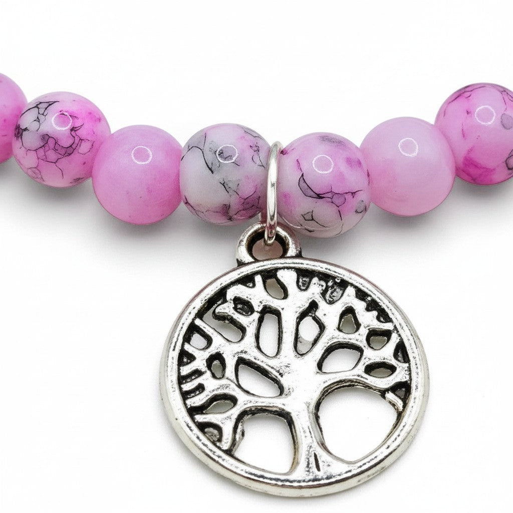Handmade by Erika Liesel Blossom Tree Bracelet with pink marbled glass beads and a silver Tree of Life charm