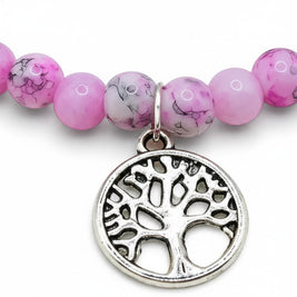 Handmade by Erika Liesel Blossom Tree Bracelet with pink marbled glass beads and a silver Tree of Life charm