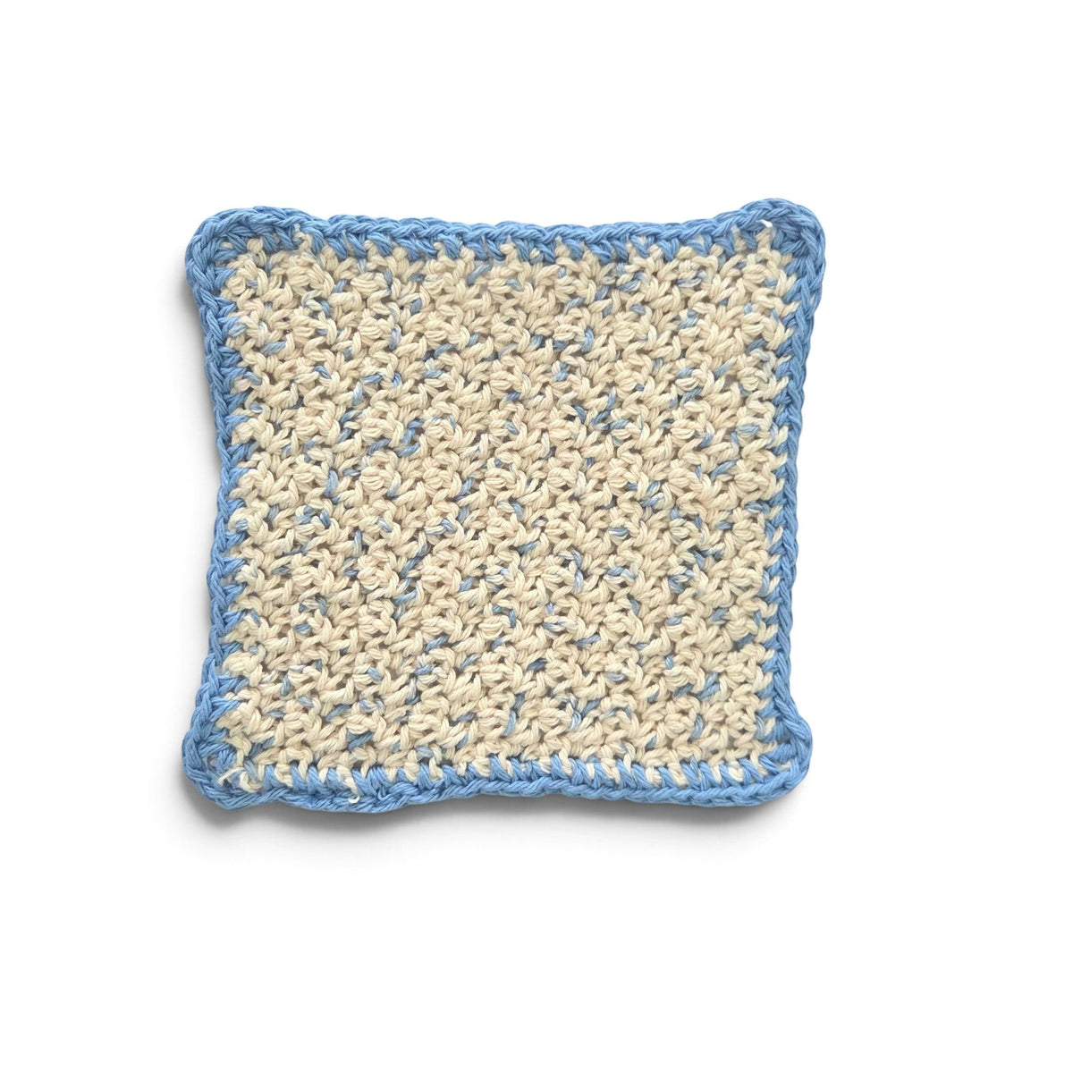 Handmade by Erika Liesel square blue and beige crocheted cotton placemat with a textured stitch pattern
