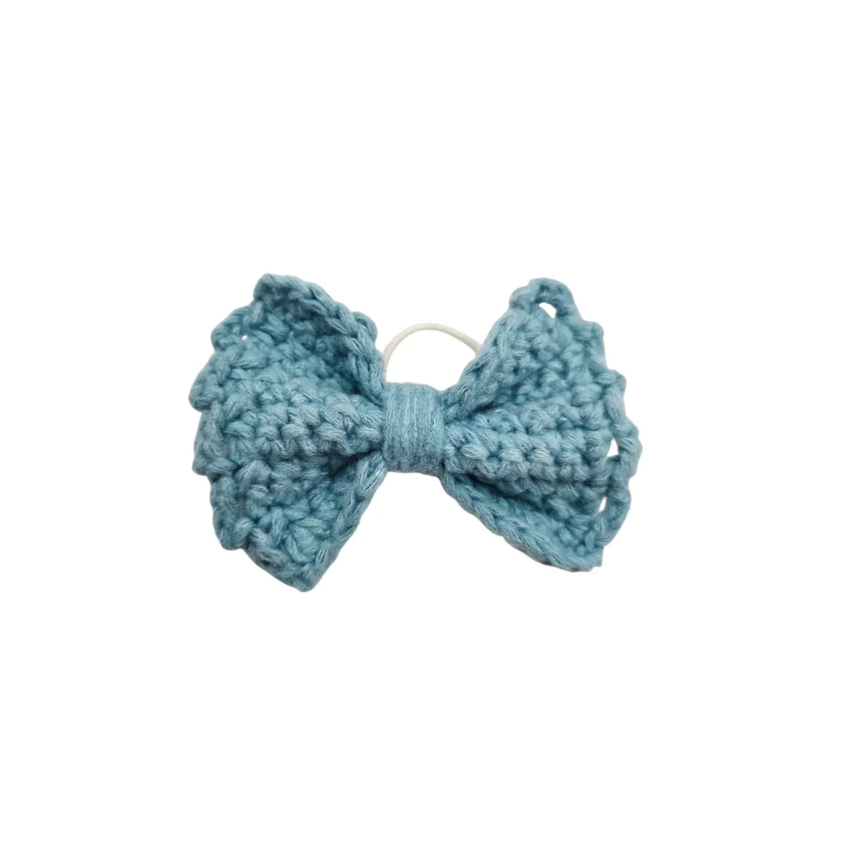 Handmade by Erika Liesel light blue crochet bow hair tie with a durable elastic band for a gentle hold.