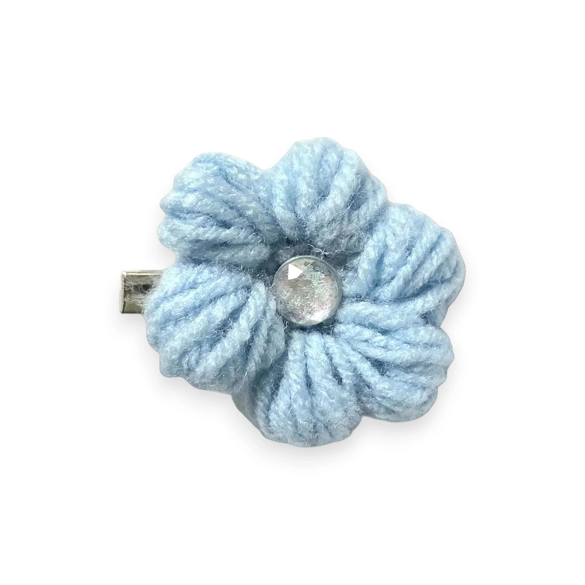 Light blue crocheted flower hair clip with sparkling center, handmade cozy accessory