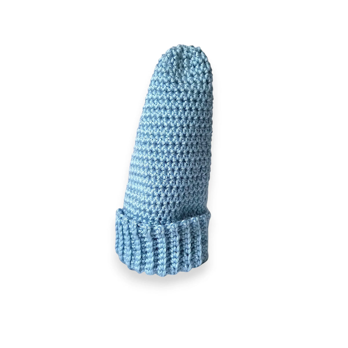 Handmade light blue crochet beanie with ribbed cuff, cozy winter hat