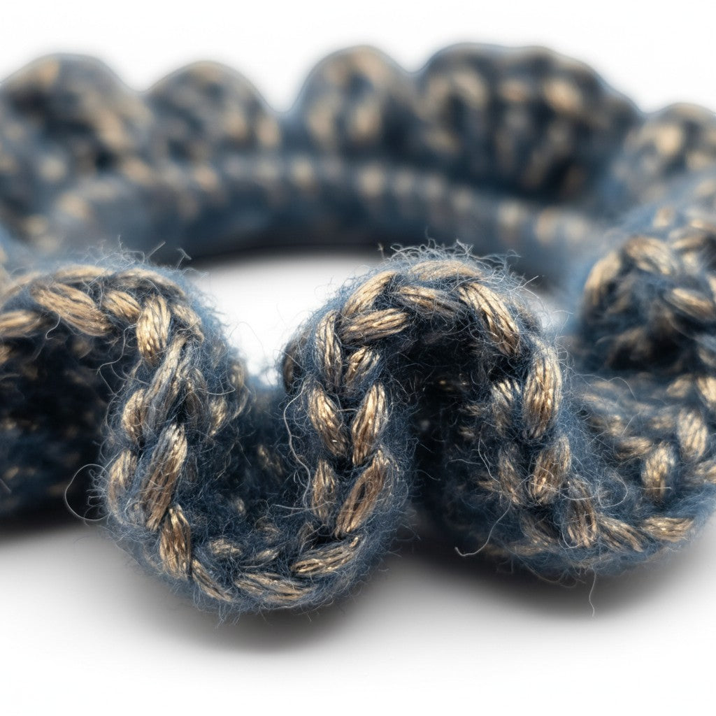 Handmade by Erika Liesel Luxe Touch crochet scrunchie in blue and metallic gold yarn with a soft textured finish.