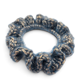 Handmade by Erika Liesel blue and metallic gold crochet scrunchie with a soft, textured yarn finish.