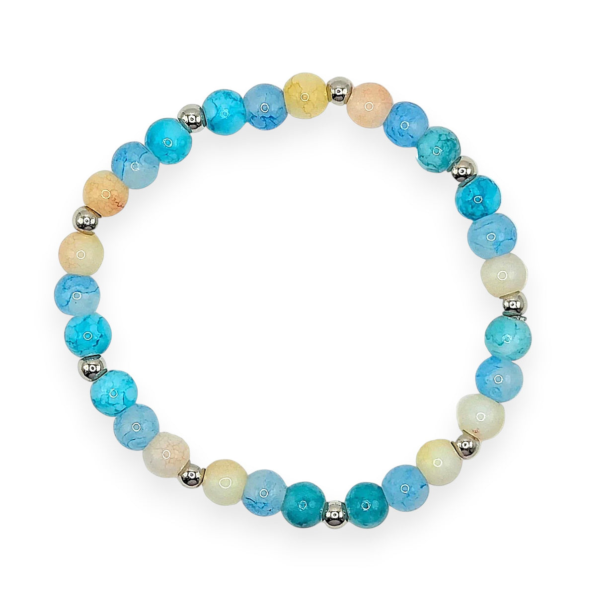 Handmade by Erika Liesel Blue Lagoon stretch bracelet with aqua, blue, cream, and sandy glass beads with silver spacers
