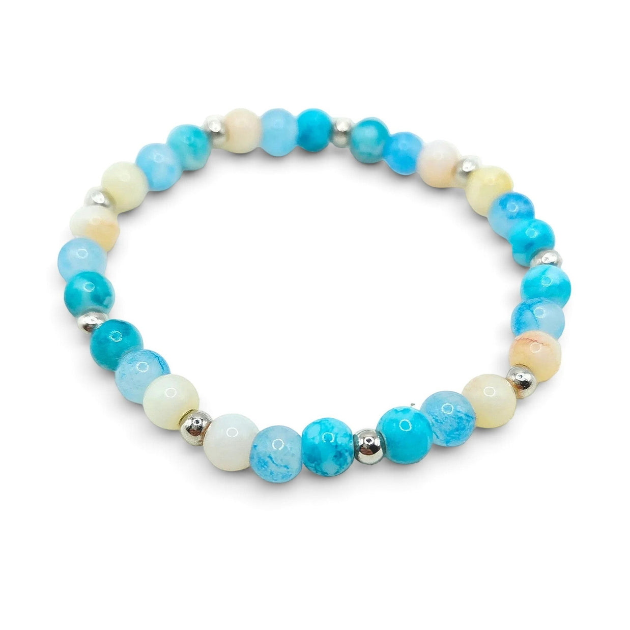 Handmade by Erika Liesel Blue Lagoon stretch bracelet with aqua, blue, cream, and sandy glass beads and silver spacers.