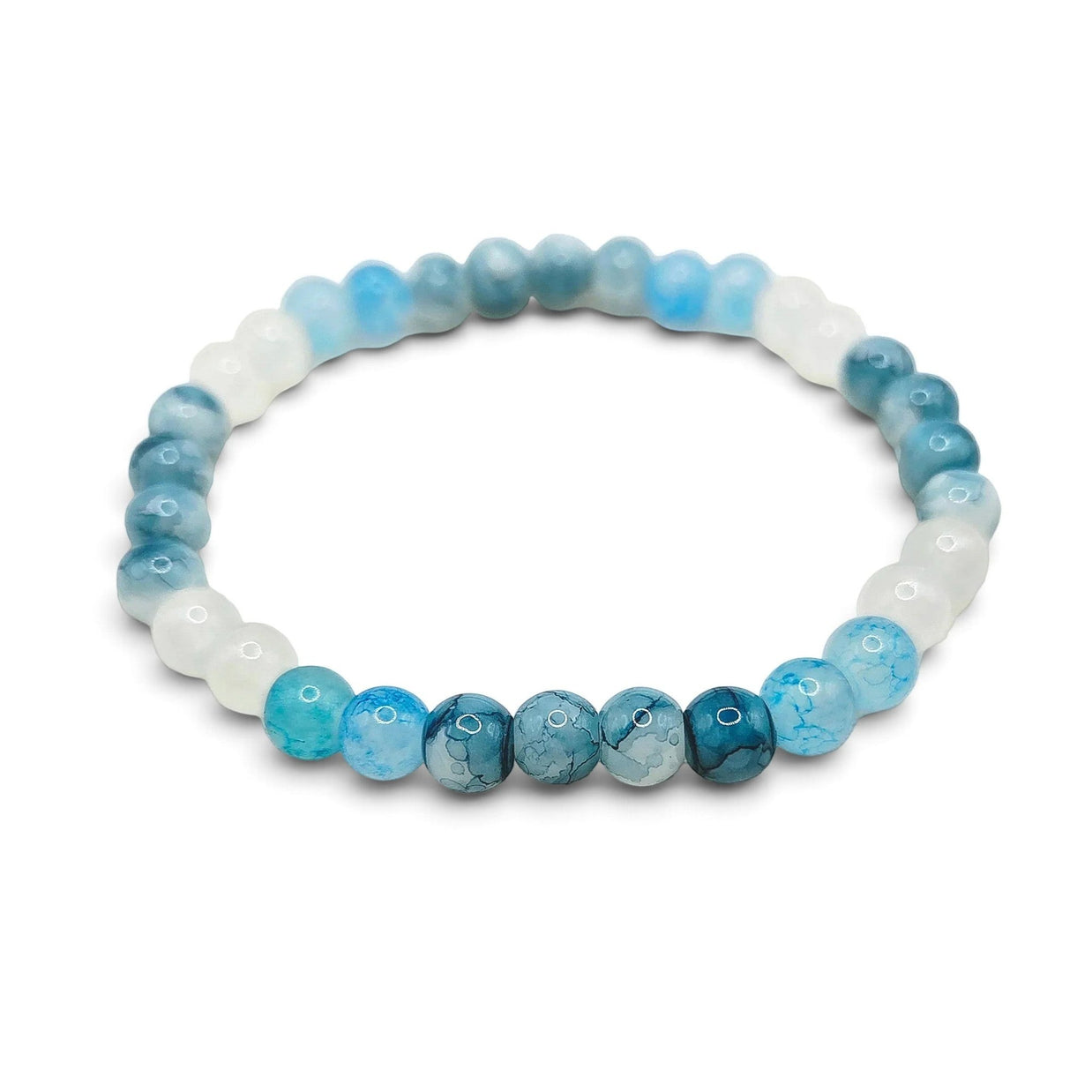 Handmade by Erika Liesel Blue Horizon stretch bracelet featuring marbled pale blue, icy white, and deep blue glass beads