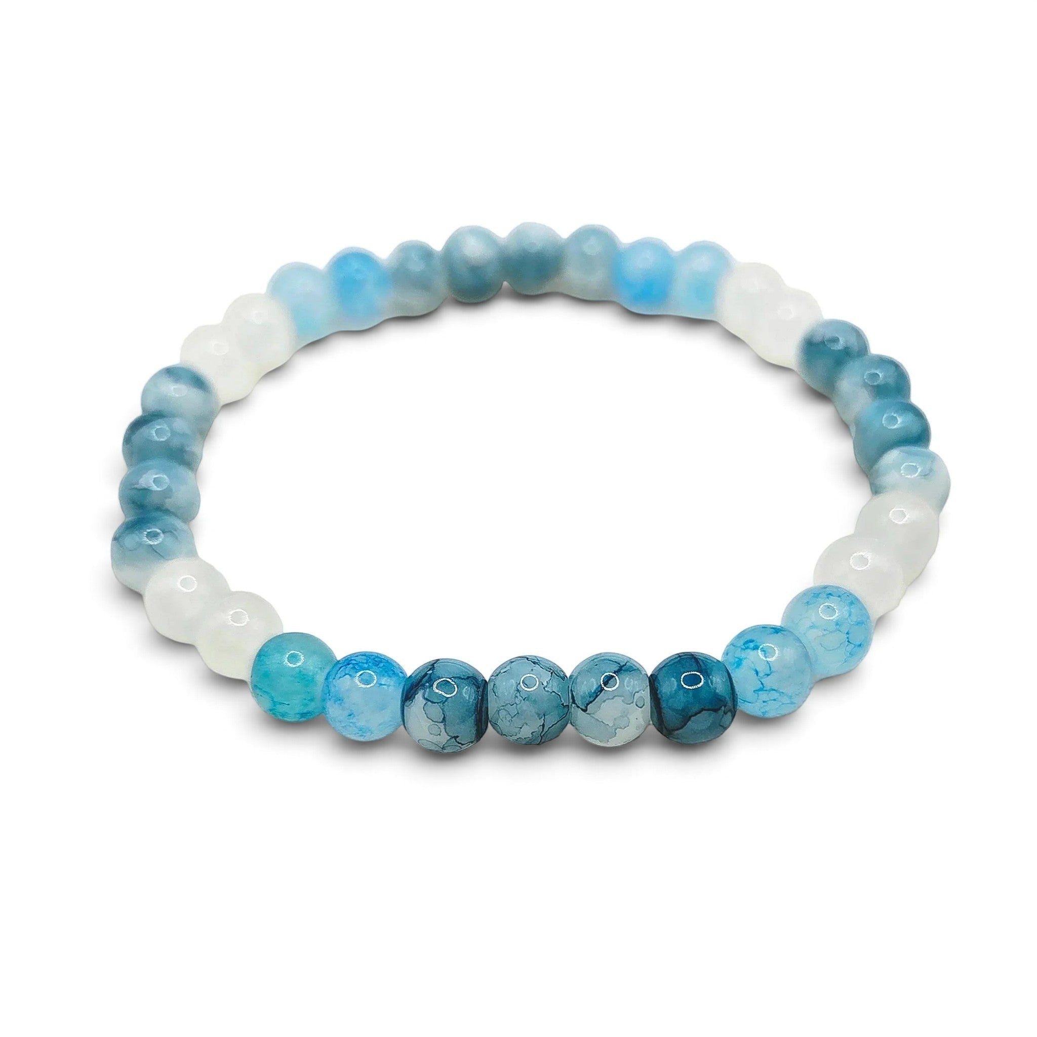 Handmade by Erika Liesel Blue Horizon stretch bracelet featuring marbled pale blue, icy white, and deep blue glass beads