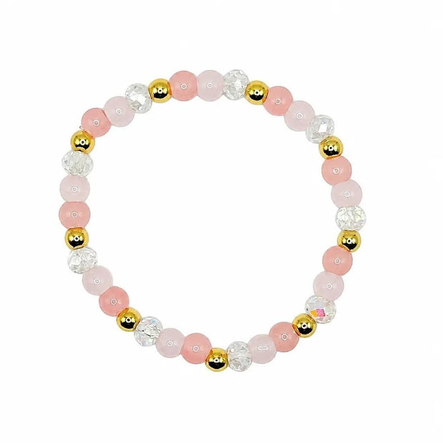 Handmade by Erika Liesel blush pink glass bead bracelet with crystal accents and 18K gold-plated beads on stretch cord