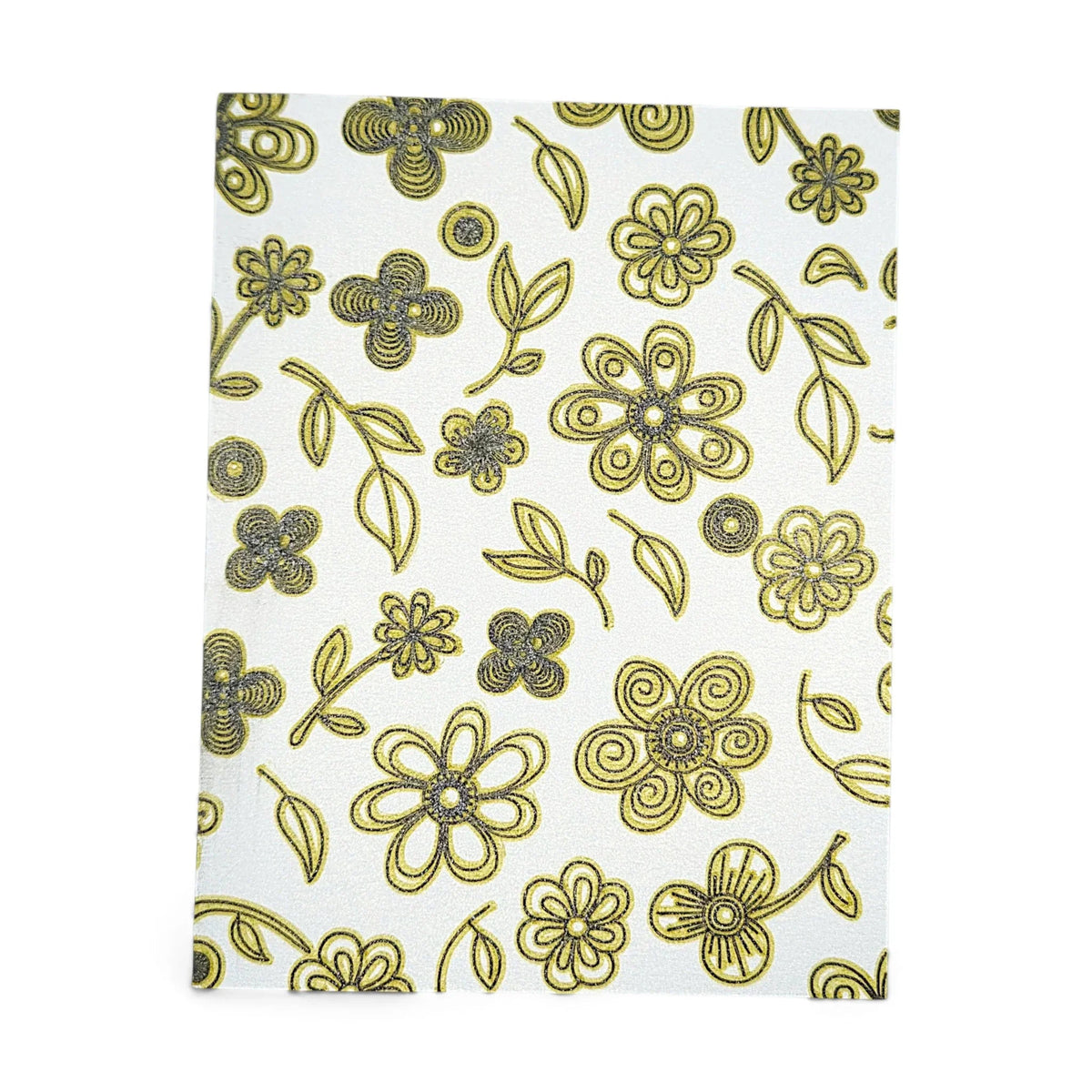 Handmade by Erika Liesel botanical greeting card featuring a yellow and grey floral pattern on shimmery cardstock.