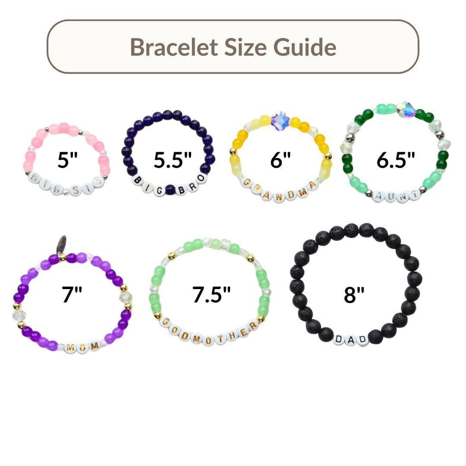 Handmade by Erika Liesel custom elastic beaded bracelet size guide with various colors and letter beads