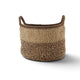 Handmade by Erika Liesel round crochet basket in two-tone brown and beige with sturdy integrated handles.