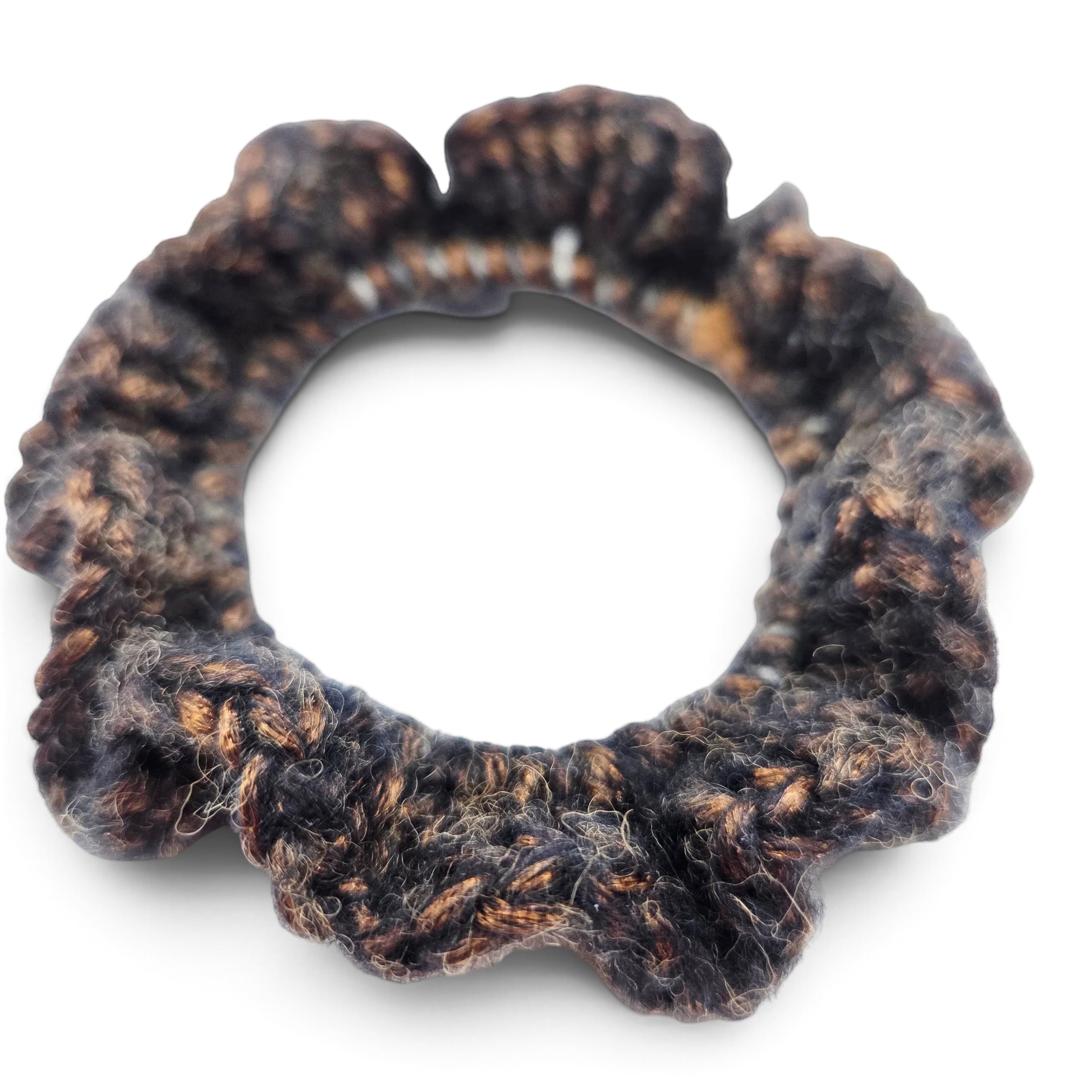 Handmade by Erika Liesel brown and black crochet scrunchie made from soft premium yarn for a polished hair accessory
