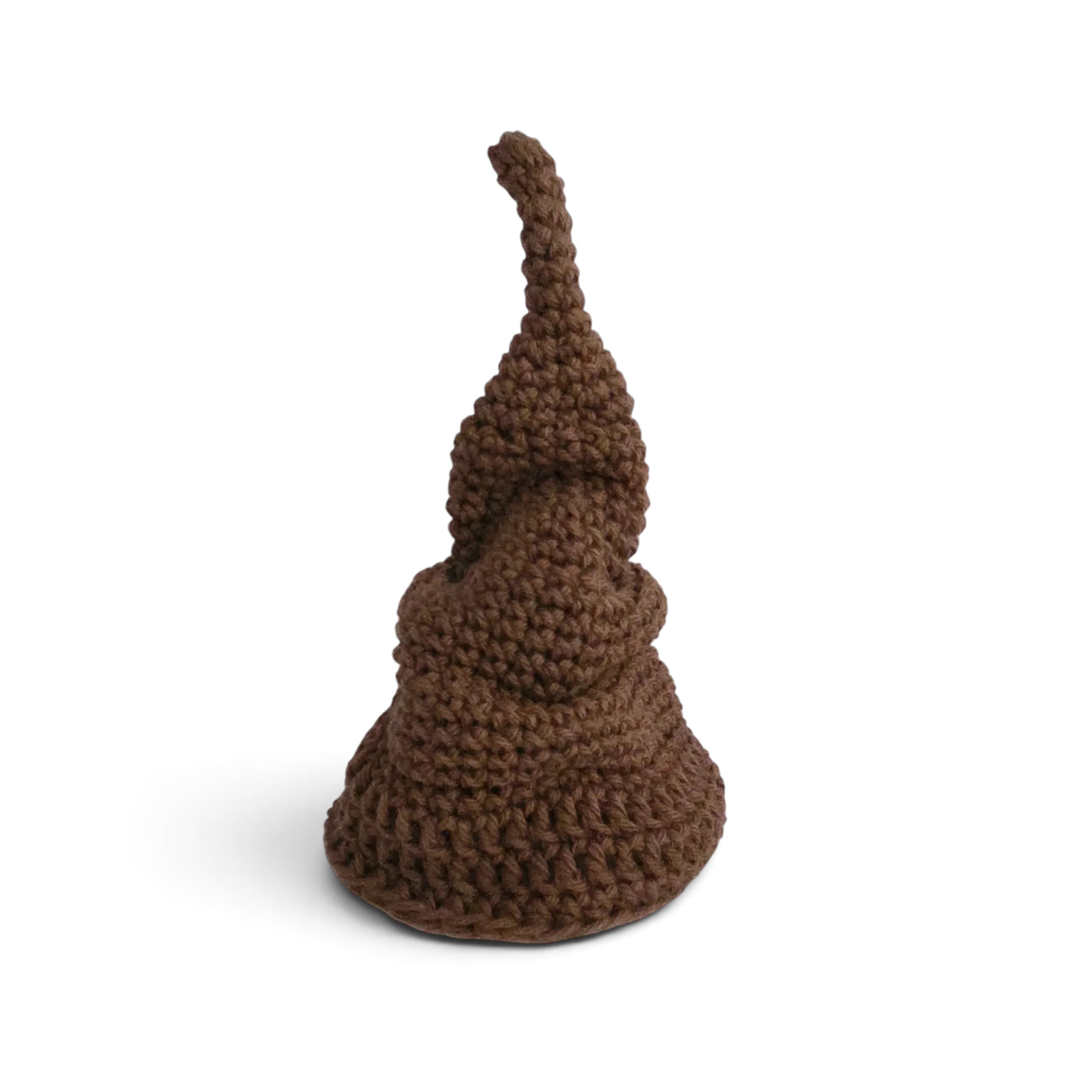 Handmade by Erika Liesel brown crocheted cotton scrunchie gnome hat with a slouchy gathered design