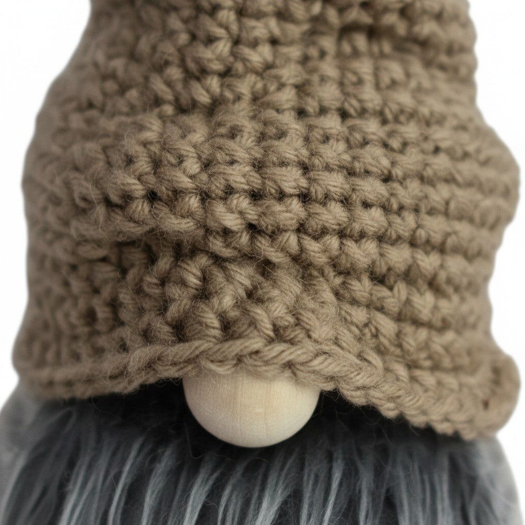 Handmade by Erika Liesel brown hand-crocheted cotton scrunchie gnome hat with a slouchy, gathered texture
