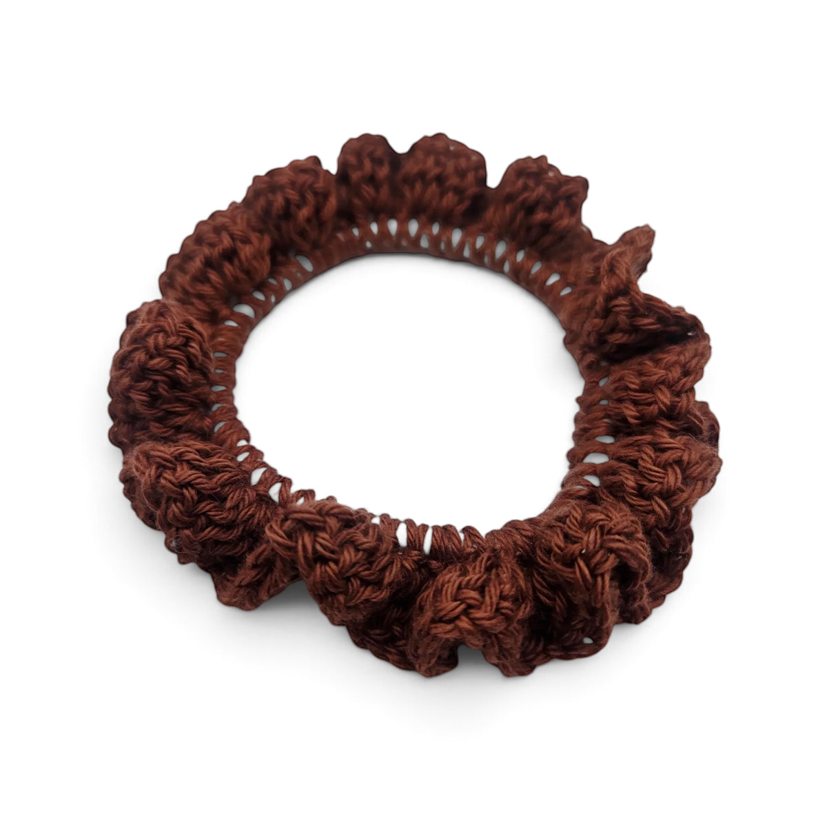 Handmade by Erika Liesel brown crochet scrunchie with a textured, ruffled design for a polished hair accessory.