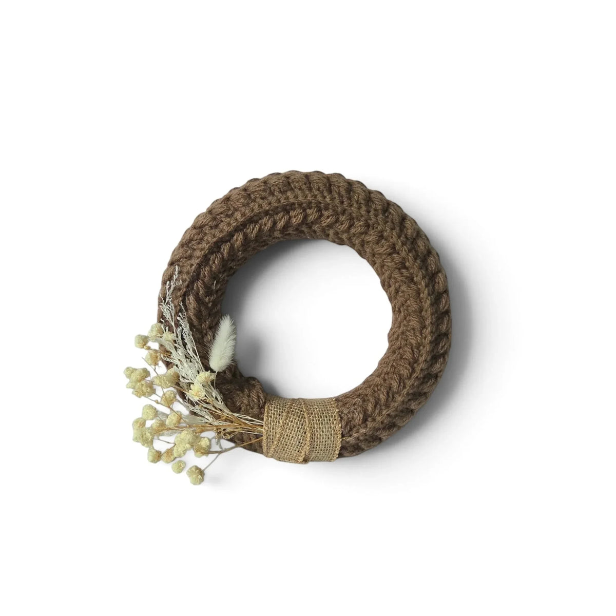Handmade by Erika Liesel small brown crochet wreath with dried floral accents and burlap detail for home decor