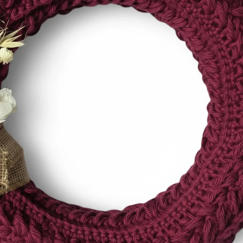 Handmade by Erika Liesel burgundy crochet wreath with dried floral accents and burlap detail for seasonal home decor.
