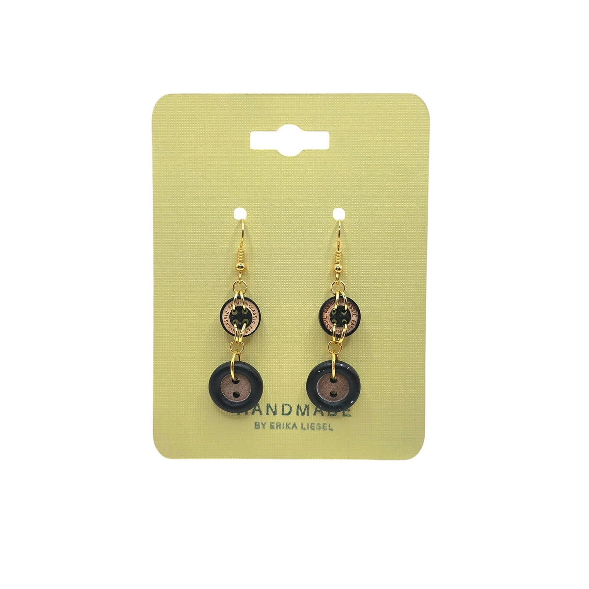 Handmade button earrings with gold hooks, black and brown vintage-style buttons on yellow card