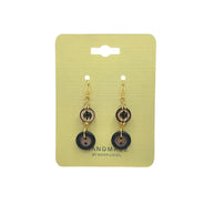 Handmade button earrings with gold hooks, black and brown vintage-style buttons on yellow card