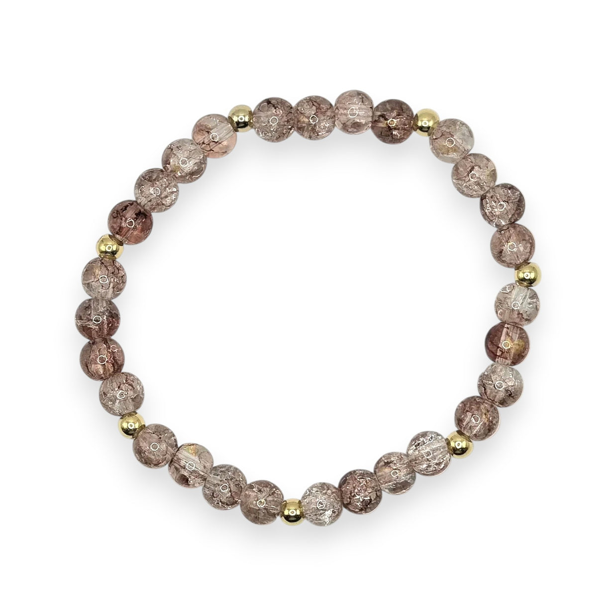 Handmade by Erika Liesel champagne crackle glass bead stretch bracelet with gold-tone accents on a white background.