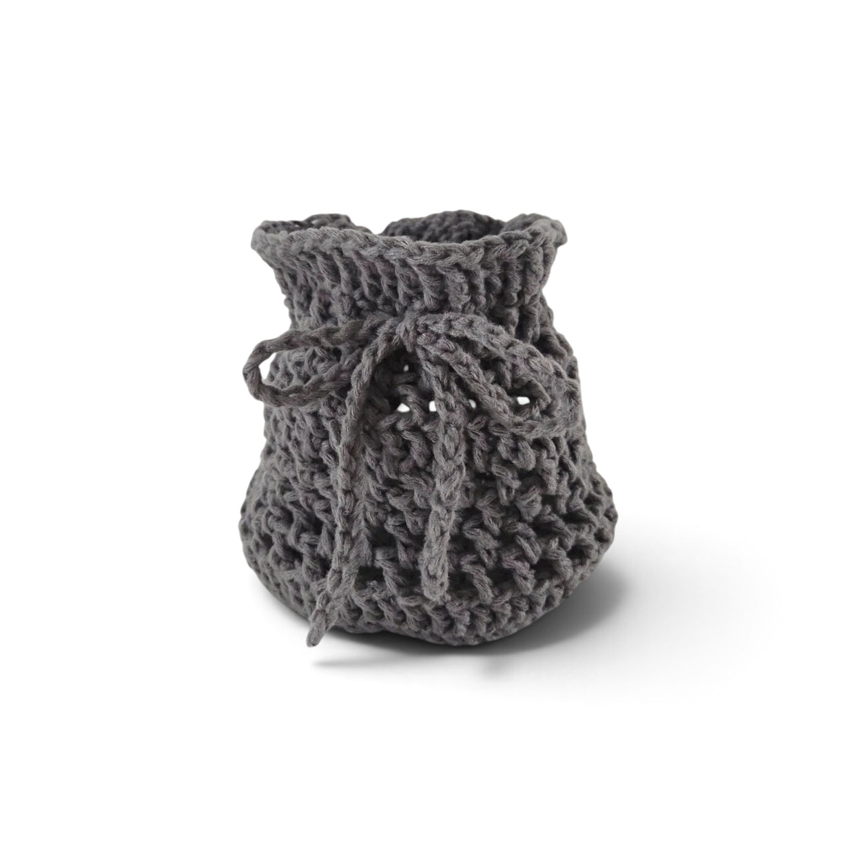 Handmade by Erika Liesel charcoal grey crochet drawstring bag made from soft premium yarn for gifts or storage.