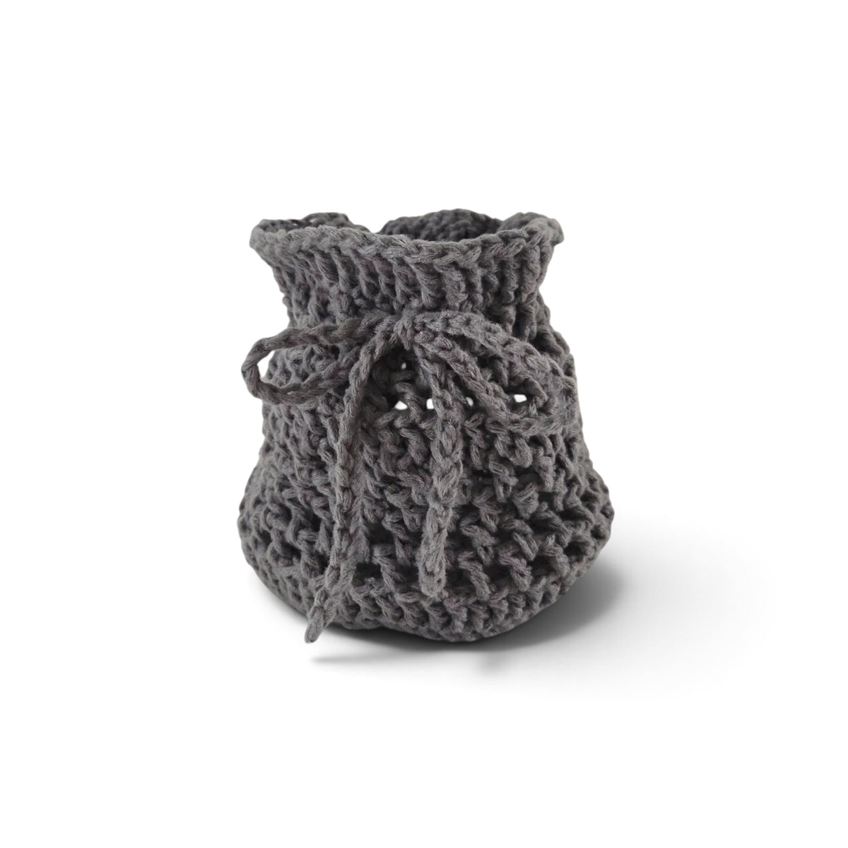Handmade by Erika Liesel charcoal grey crochet drawstring bag made from soft premium yarn for gifts or storage.