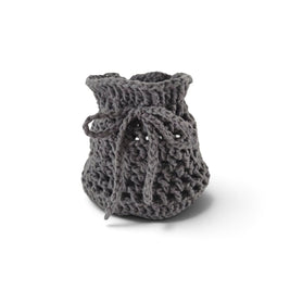Handmade by Erika Liesel charcoal grey crochet drawstring bag made from soft premium yarn for gifts or storage.