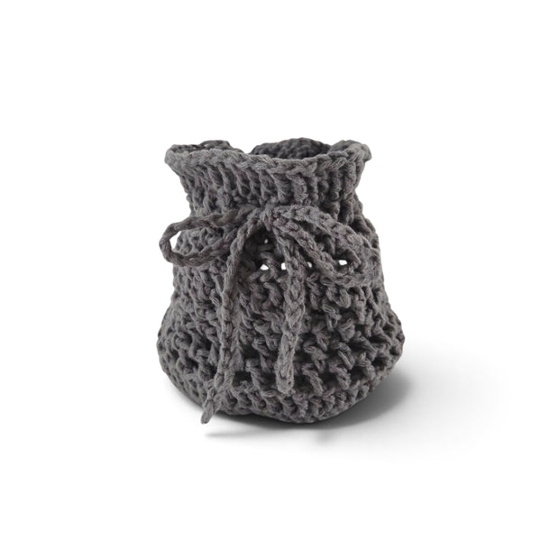 Handmade by Erika Liesel charcoal grey crochet drawstring bag made from soft premium yarn for gifts or storage.