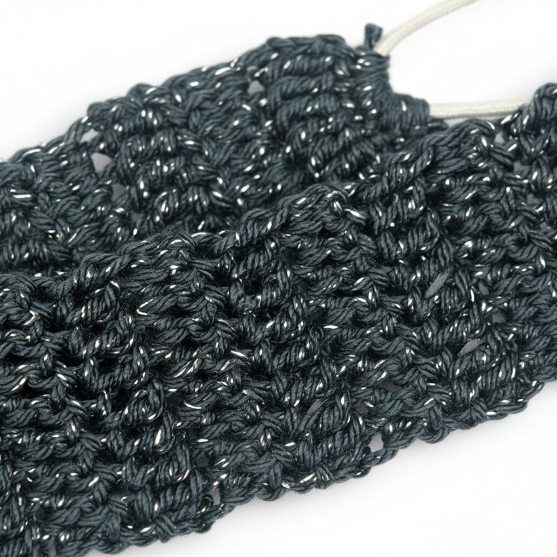 Handmade by Erika Liesel charcoal and gold metallic crochet headband with a tight stitch and elastic band
