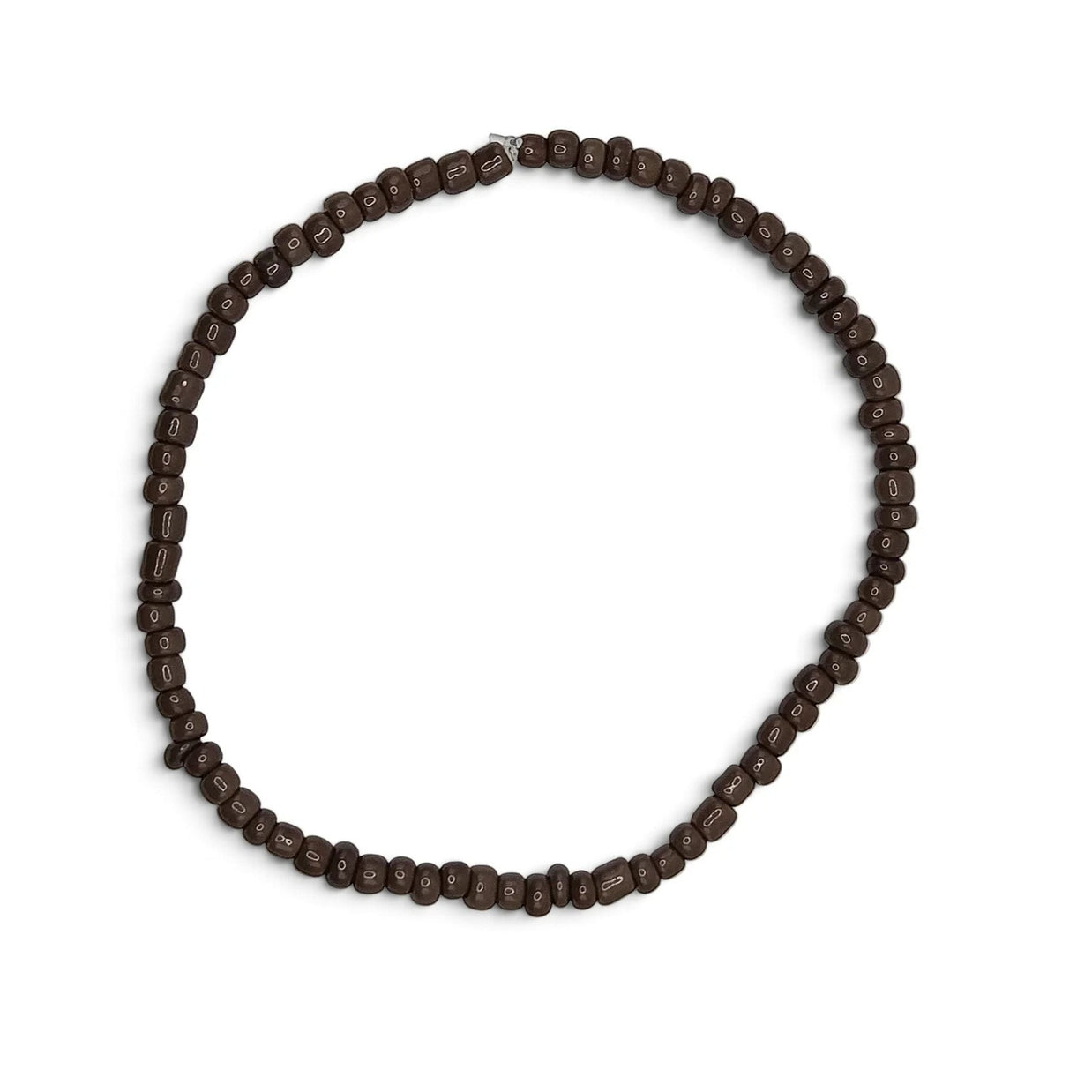 Handmade by Erika Liesel chocolate brown glass bead stretch bracelet on a white background