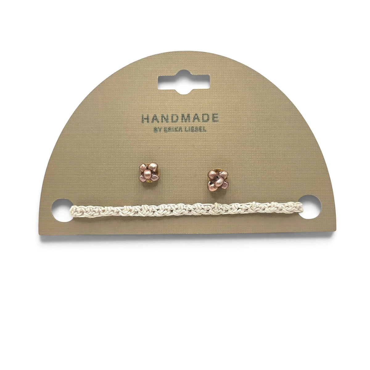 Handmade crochet bracelet and rose gold flower stud earrings on display card