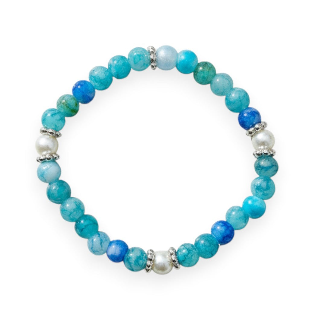 Handmade by Erika Liesel Coastal Pearl Bracelet with aqua and blue glass beads, faux pearls, and silver spacers.