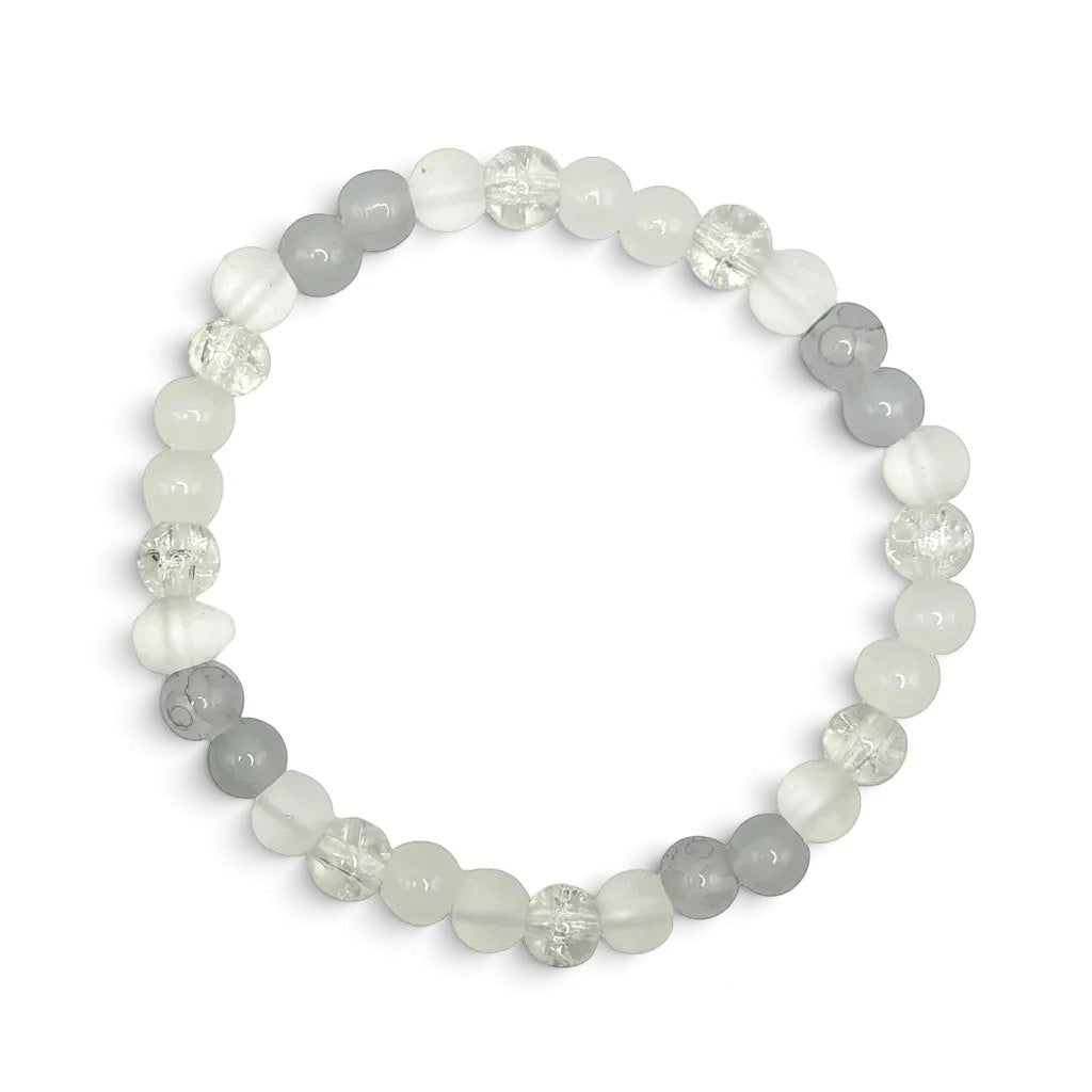 Handmade by Erika Liesel Pale Moon stretch bracelet featuring white, pale gray, and clear crackle glass beads.