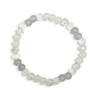Handmade by Erika Liesel Pale Moon stretch bracelet featuring white, pale gray, and clear crackle glass beads.