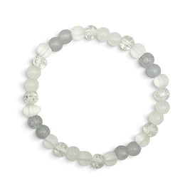 Handmade by Erika Liesel Pale Moon stretch bracelet featuring white, pale gray, and clear crackle glass beads.