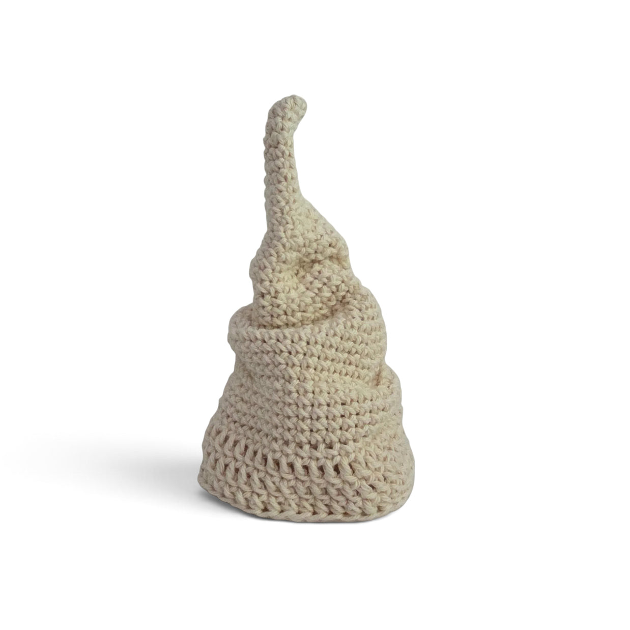 Handmade by Erika Liesel cream-colored hand-crocheted cotton scrunchie gnome hat with a slouchy, gathered design.