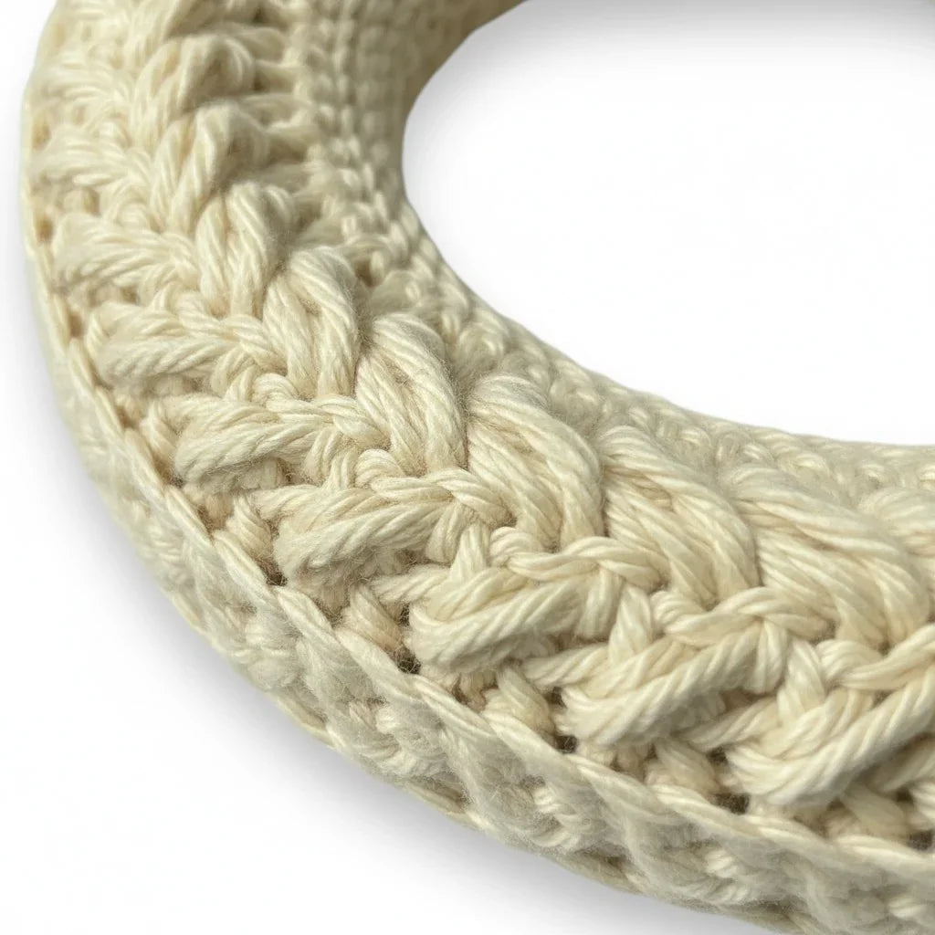 Handmade by Erika Liesel small crochet wreath in neutral cream yarn with intricate braided texture and floral accents