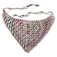 Handmade by Erika Liesel crochet bandana in a soft variegated pink and beige yarn with a lightweight open-knit design