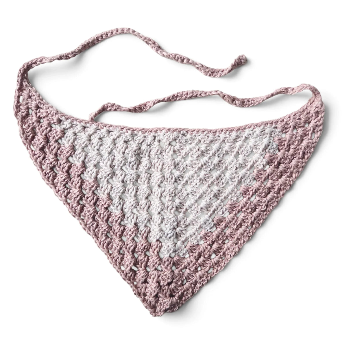 Handmade by Erika Liesel crochet bandana in a soft pink and cream gradient pattern with tie strings.