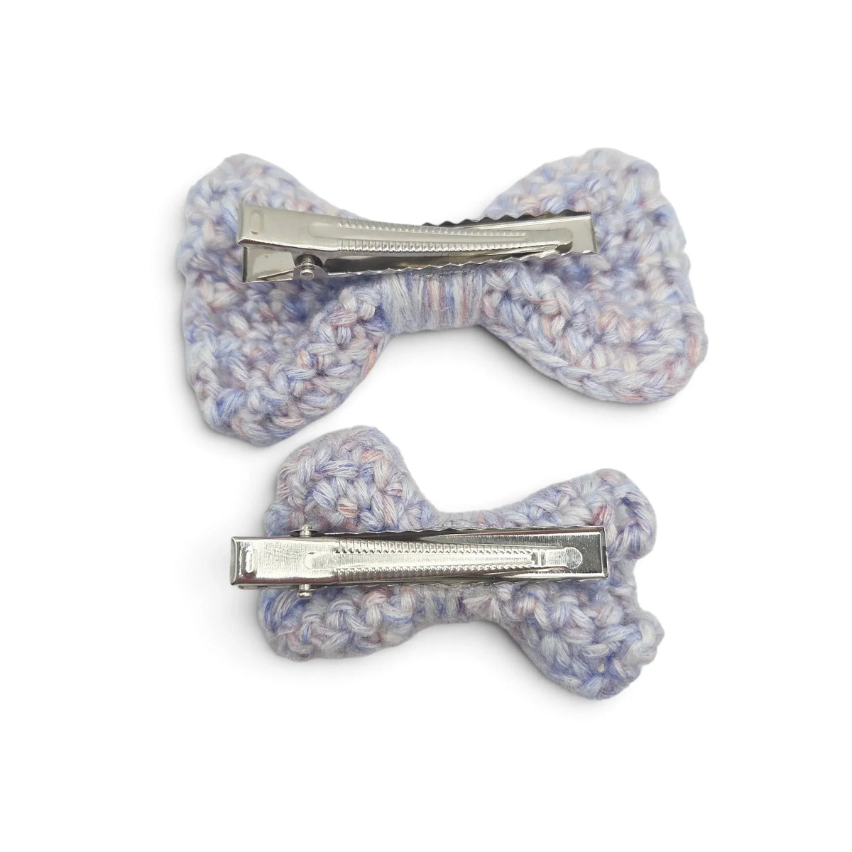 Handmade by Erika Liesel crochet bow barrette set in variegated pastel yarn with secure metal alligator clips