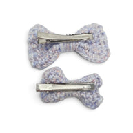 Handmade by Erika Liesel crochet bow barrette set in variegated pastel yarn with secure metal alligator clips