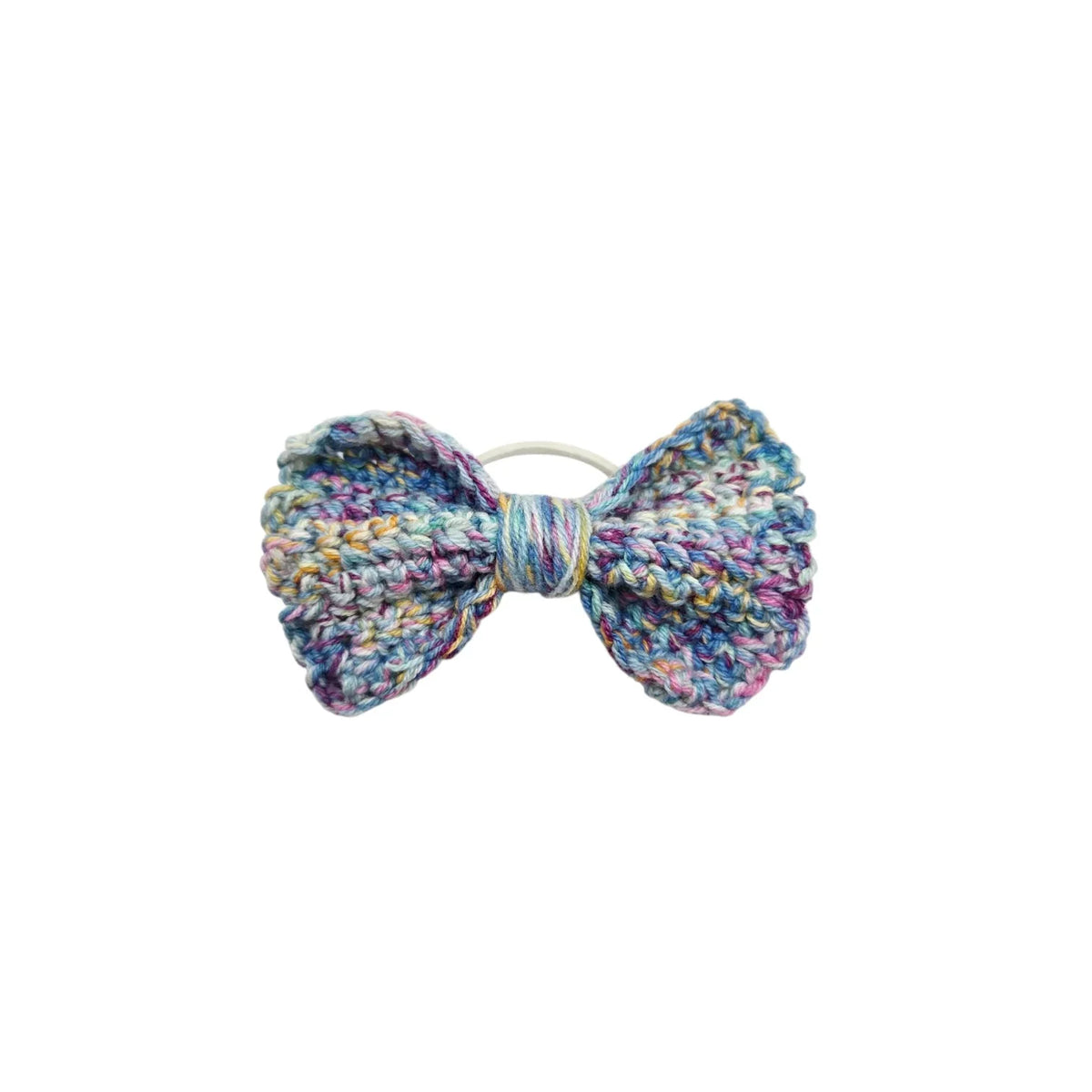 Handmade by Erika Liesel crochet bow hair tie in a multi-colored variegated yarn with a gentle elastic band.