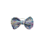 Handmade by Erika Liesel crochet bow hair tie in a multi-colored variegated yarn with a gentle elastic band.