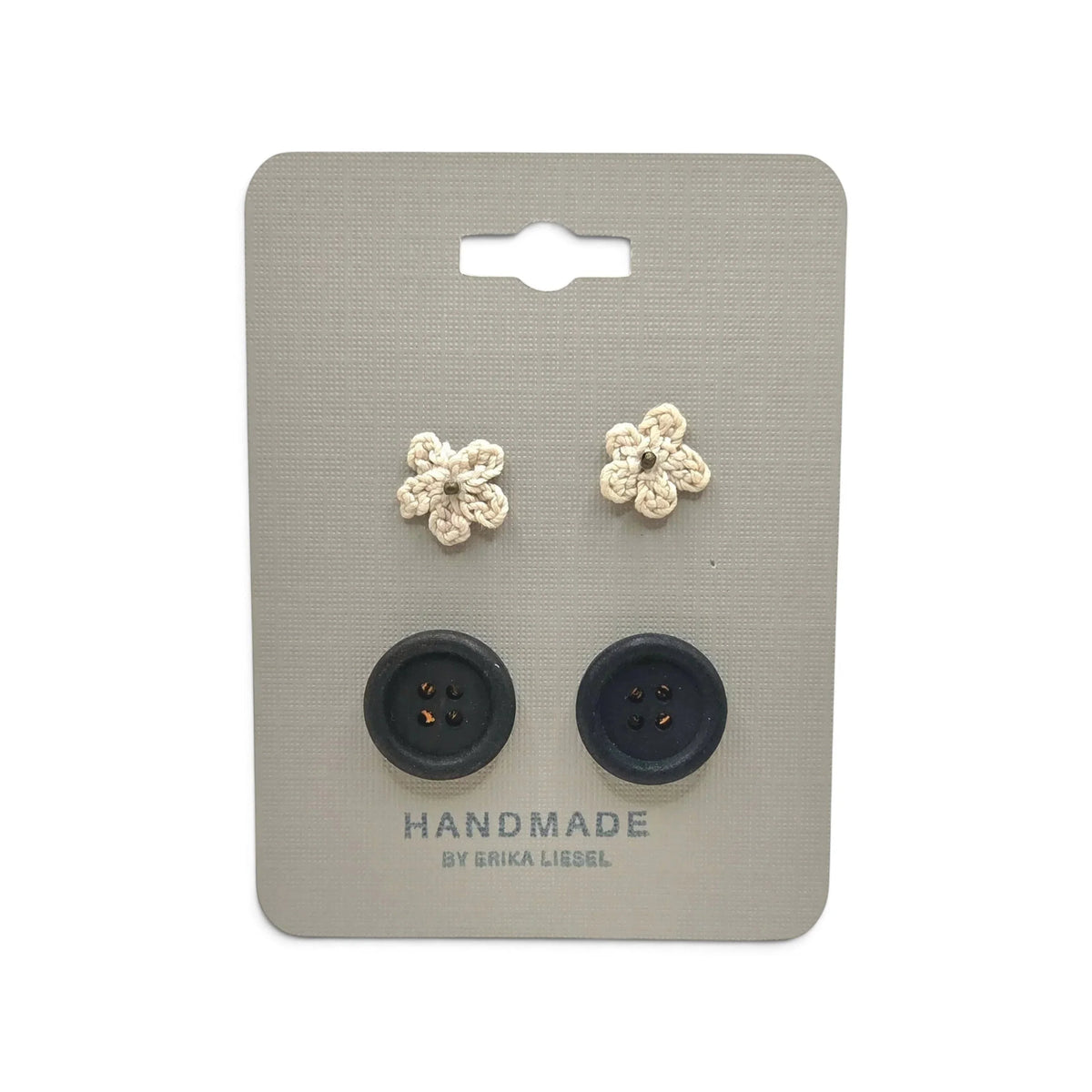 Handmade crochet flower and black button earrings on display card, cozy craft gift