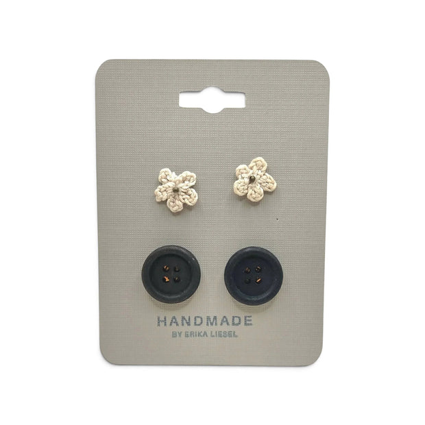 Handmade crochet flower and black button earrings on display card, cozy craft gift