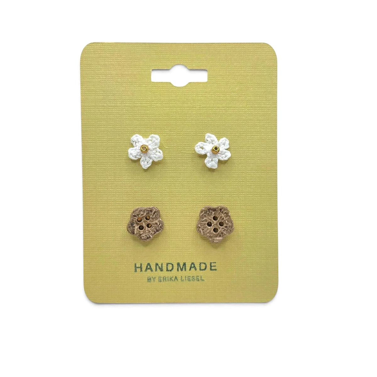 Handmade crochet flower earrings and wooden buttons on yellow card, cozy craft gift set