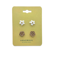 Handmade crochet flower earrings and wooden buttons on yellow card, cozy craft gift set